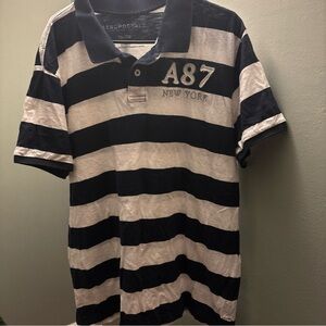 Aeropostale Men's Navy and White Striped Polo Shirt